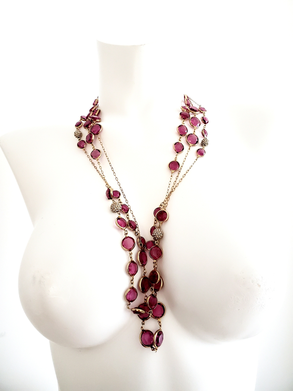 Elegant Gold-Tone Multi-Strand Necklace with Fuchsia Gemstones
